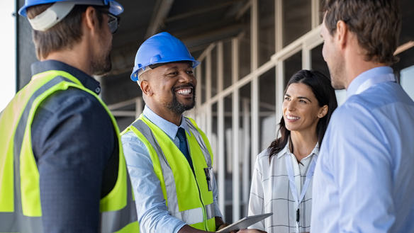 Colleagues in hard hats shaking hands