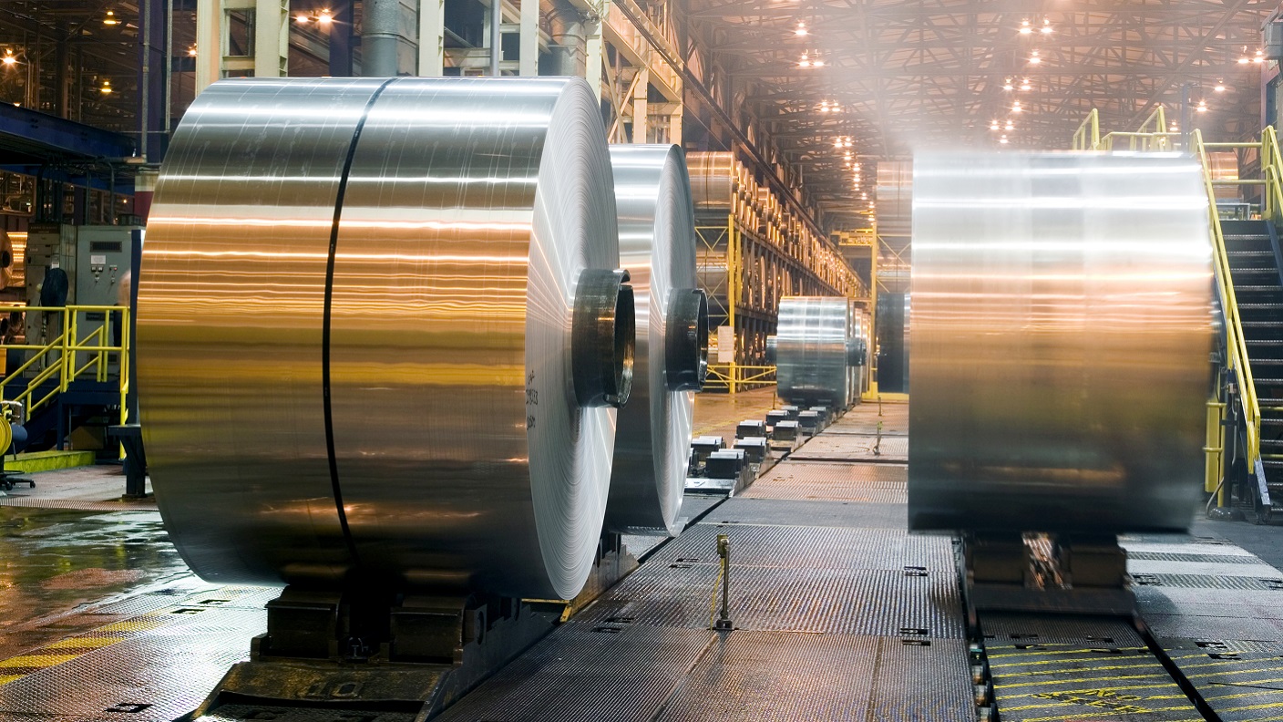 Rolled sheets of metal in a factory