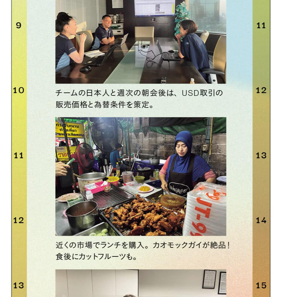 チームの日本人と週次の朝会後は、USD取引の販売価格と為替条件を策定。近くの市場でランチを購入。カオモックガイが絶品！食後にカットフルーツも。