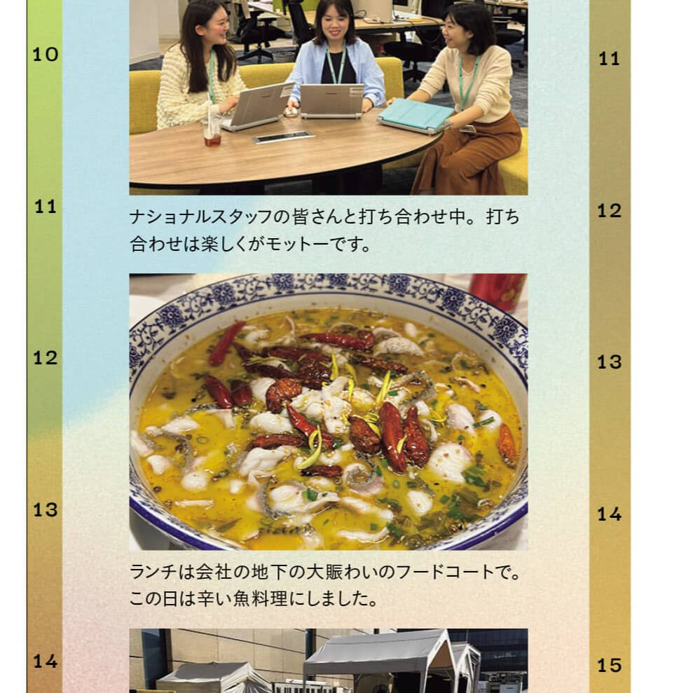 ナショナルスタッフの皆さんと打ち合わせ中。打ち合わせは楽しくがモットーです。　ランチは会社の地下の大賑わいのフードコートで。この日は辛い魚料理にしました。