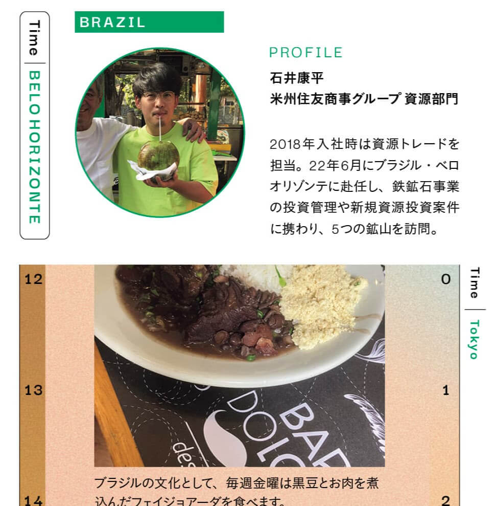 BRAZIL　PROFILE　石井康平　米州住友商事グループ資源部門　2018年入社時は資源トレードを担当。22年6月にブラジルベロオリゾンテに赴任し、鉄鉱石事業の投資管理や新規資源投資案件 に携わり、5つの鉱山を訪問。　ブラジルの文化として、毎週金曜は黒豆とお肉を煮込んだフェイジョアーダを食べます。
