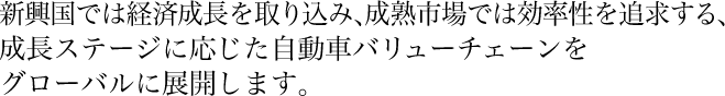 新興国では経済成長を取り込み、成熟市場では効率性を追求する、成長ステージに応じた自動車バリューチェーンをグローバルに展開します。