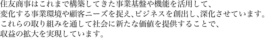 住友商事はこれまで構築してきた事業基盤や機能を活用して、変化する事業環境や顧客ニーズを捉え、ビジネスを創出し、深化させています。これらの取り組みを通して社会に新たな価値を提供することで、収益の拡大を実現しています。