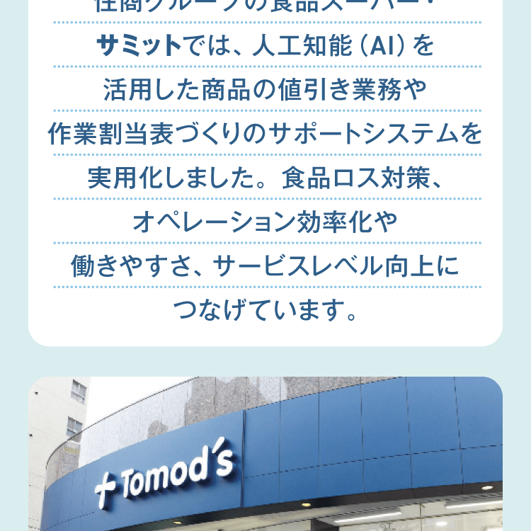 住商グループの食品スーパー・サミットでは、人工知能（AI）を活用した商品の値引き業務や作業割当表づくりのサポートシステムを実用化しました。食品ロス対策、オペレーション効率化や働きやすさ、サービスレベル向上につなげています。