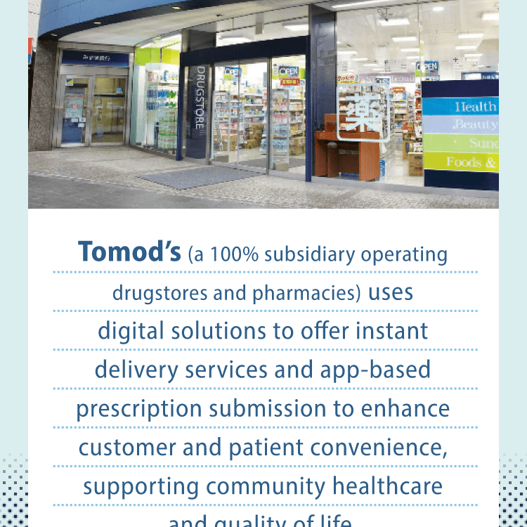 Tomod's (a 100% subsidiary operating drugstores and pharmacies) uses digital solutions to offer instant delivery services and app-based prescription submission to enhance customer and patient convenience, supporting community healthcare and quality of life.