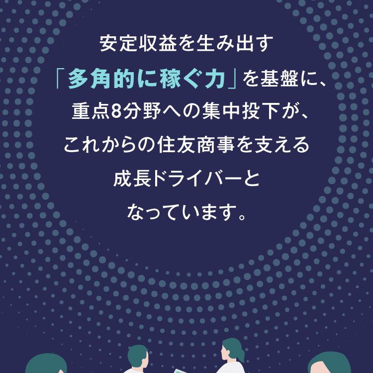 安定収益を生み出す「多角的に稼ぐ力」を基盤に、重点8分野への集中投下が、これからの住友商事を支える成長ドライバーとなっています。