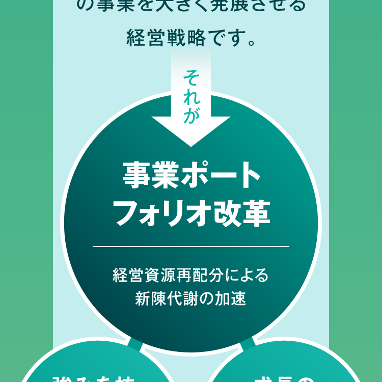 の事業を大きく発展させる経営戦略です。それが 事業ポートフォリオ改革 経営資源再配分による新陳代謝の加速
