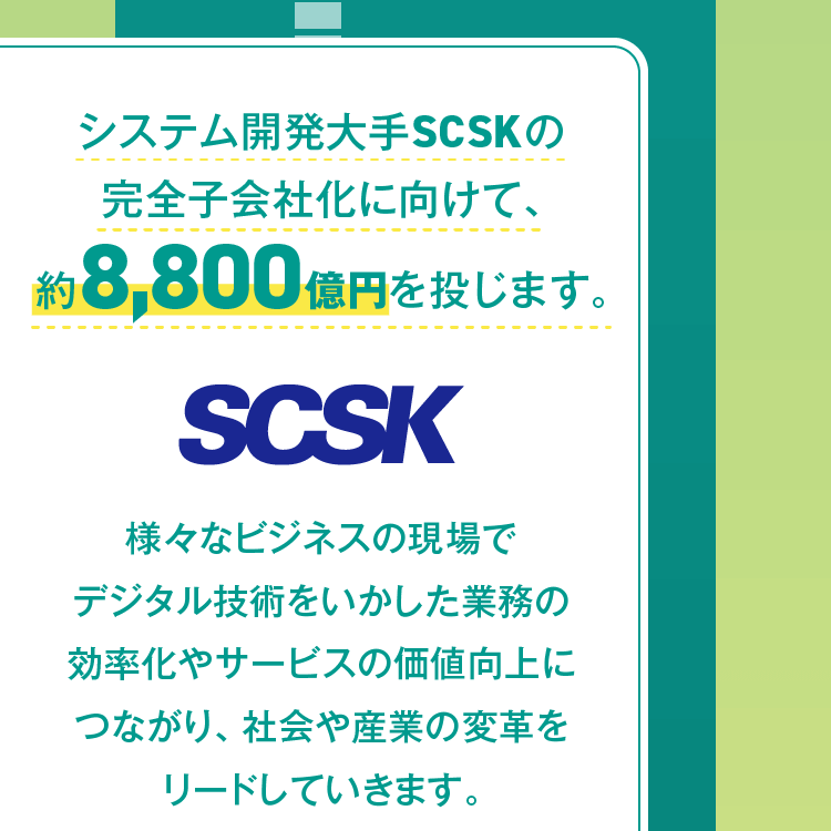システム開発大手SCSKの完全子会社化に向けて、約8,800億円を投じます。様々なビジネスの現場でデジタル技術をいかした業務の効率化やサービスの価値向上につながり、社会や産業の変革をリードしていきます。