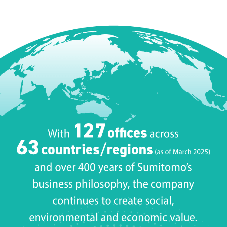 With 127 offices across 63 countries/regions (as of March 2025) and over 400 years of Sumitomo’s business philosophy, the company continues to create social, environmental and economic value.