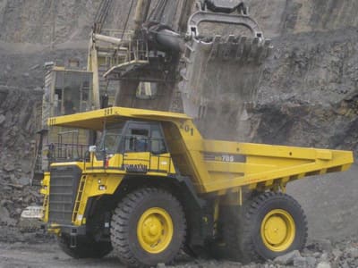 Dump trucks at a coal mine in Kuzbass
